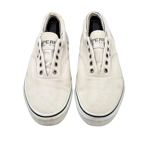 Preppy Sperry Top-Sider Sneakers Men 8.5 White Canvas Boat Casual - Picture 3 of 7